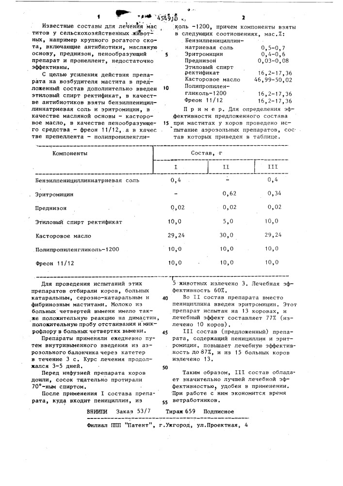 Состав для лечения маститов у сельскохозяйственных животных (патент 454910)