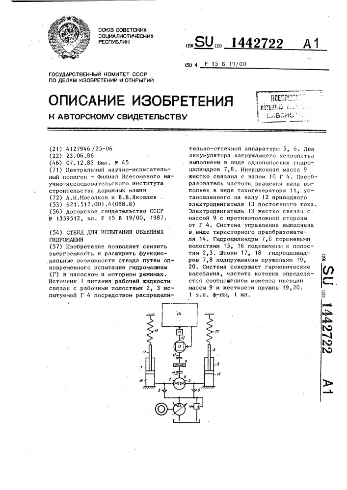 Стенд для испытания объемных гидромашин (патент 1442722)
