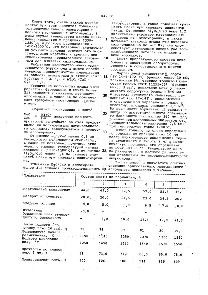 Шихта для производства офлюсованного марганцевого агломерата (патент 1047981)
