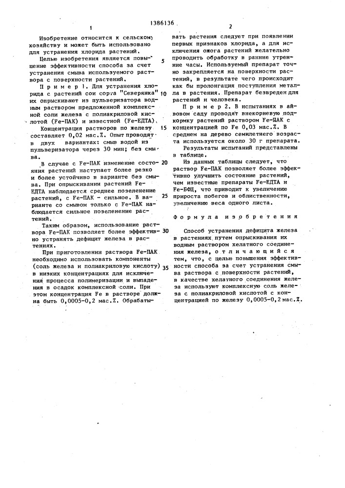 Способ устранения дефицита железа в растениях (патент 1386136)