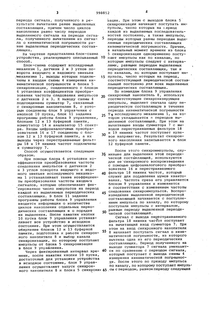 Способ анализа кинематической погрешности зубчатых передач (патент 998852)