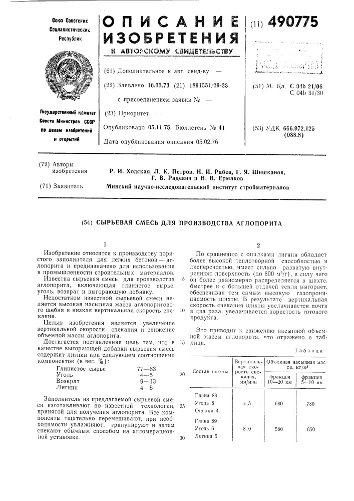 Сырьевая смесь для производства аглопорита (патент 490775)