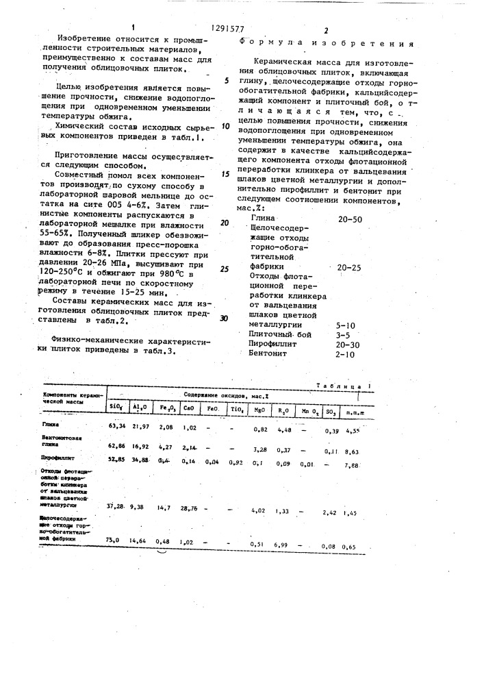 Керамическая масса для изготовления облицовочных плиток (патент 1291577)