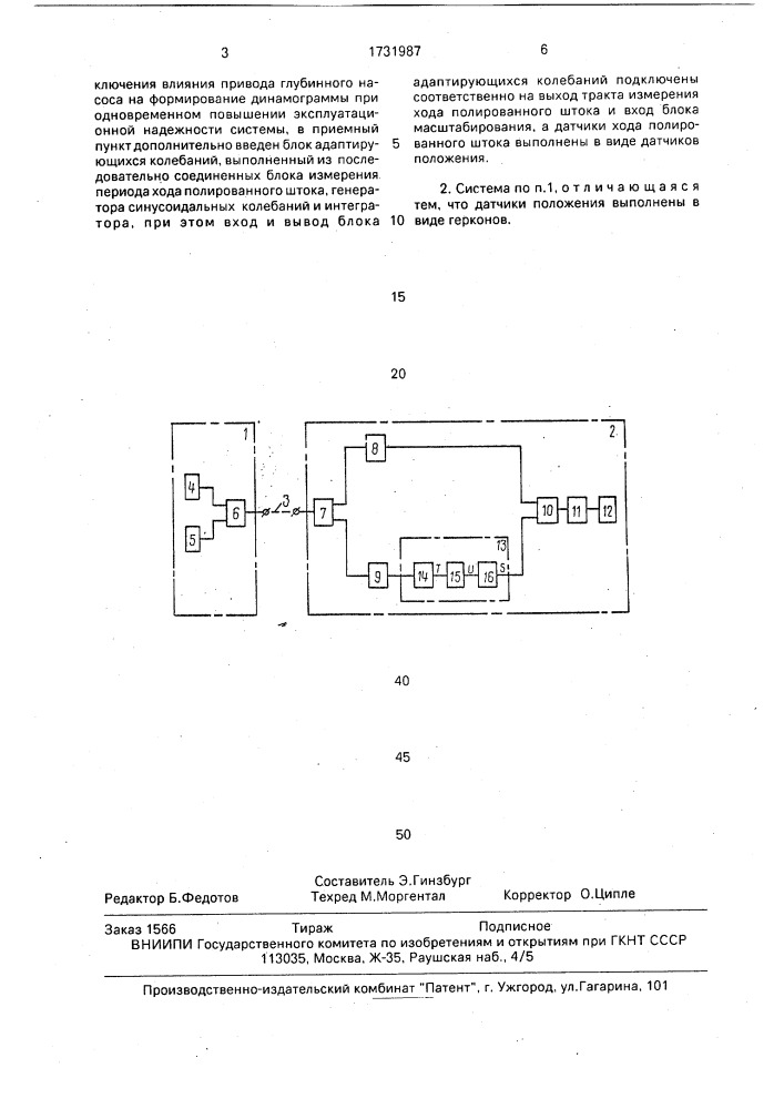 Система телединамометрирования глубинных насосов (патент 1731987)