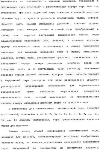 Пластмассовая тара, покрытая алмазоподобной углеродной пленкой, устройство для изготовления такой тары и способ изготовления такой тары (патент 2336365)