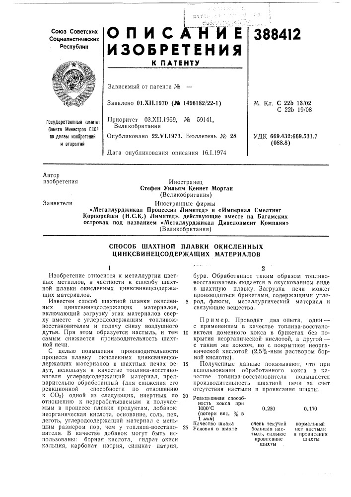 Способ шахтной плавки окисленных цинксвинецсодержащих материалов (патент 388412)