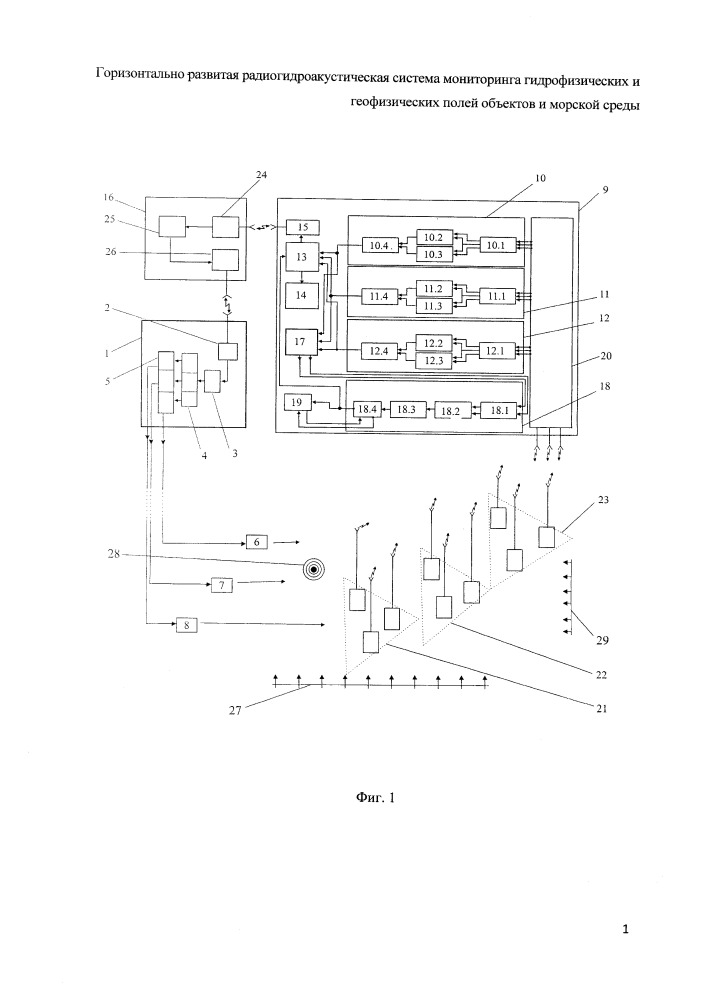 Горизонтально-развитая радиогидроакустическая система мониторинга гидрофизических и геофизических полей объектов и морской среды (патент 2660311)