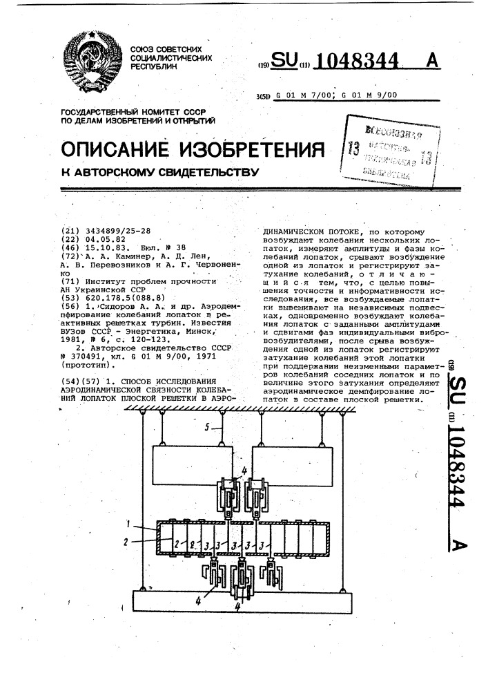 Способ исследования аэродинамической связности колебаний лопаток плоской решетки в аэродинамическом потоке (патент 1048344)