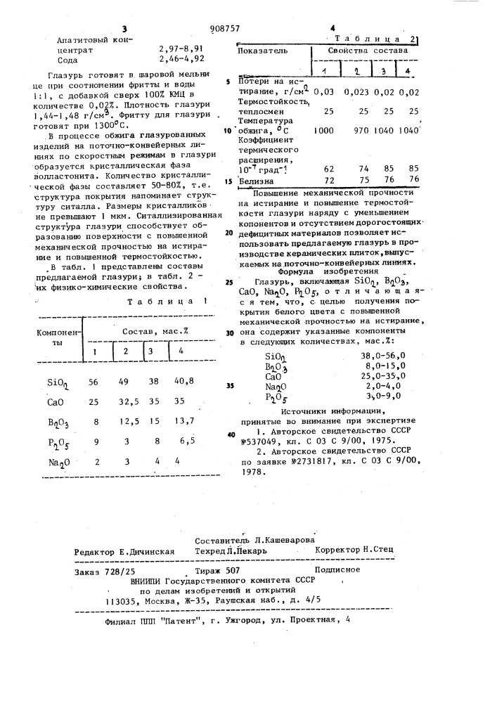 Глазурь (патент 908757)