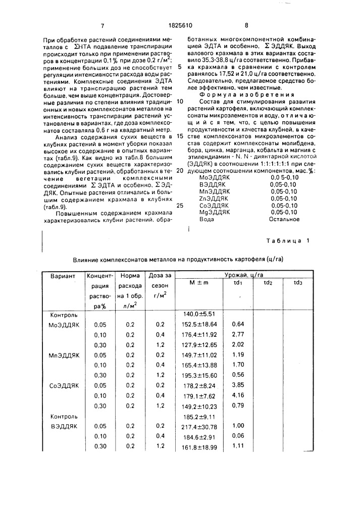 Состав для стимулирования развития растений картофеля (патент 1825610)