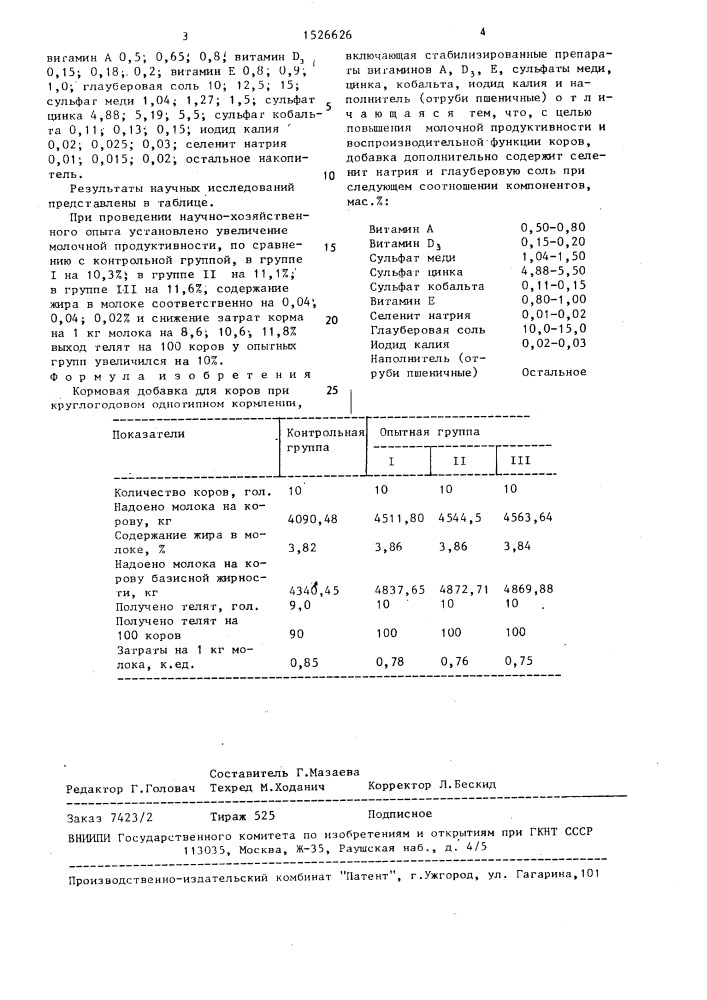 Кормовая добавка для коров при круглогодовом однотипном кормлении (патент 1526626)