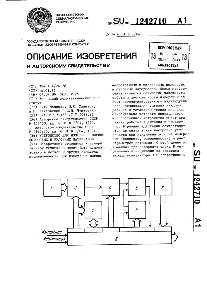Устройство для измерения ширины полосовых и рулонных материалов (патент 1242710)