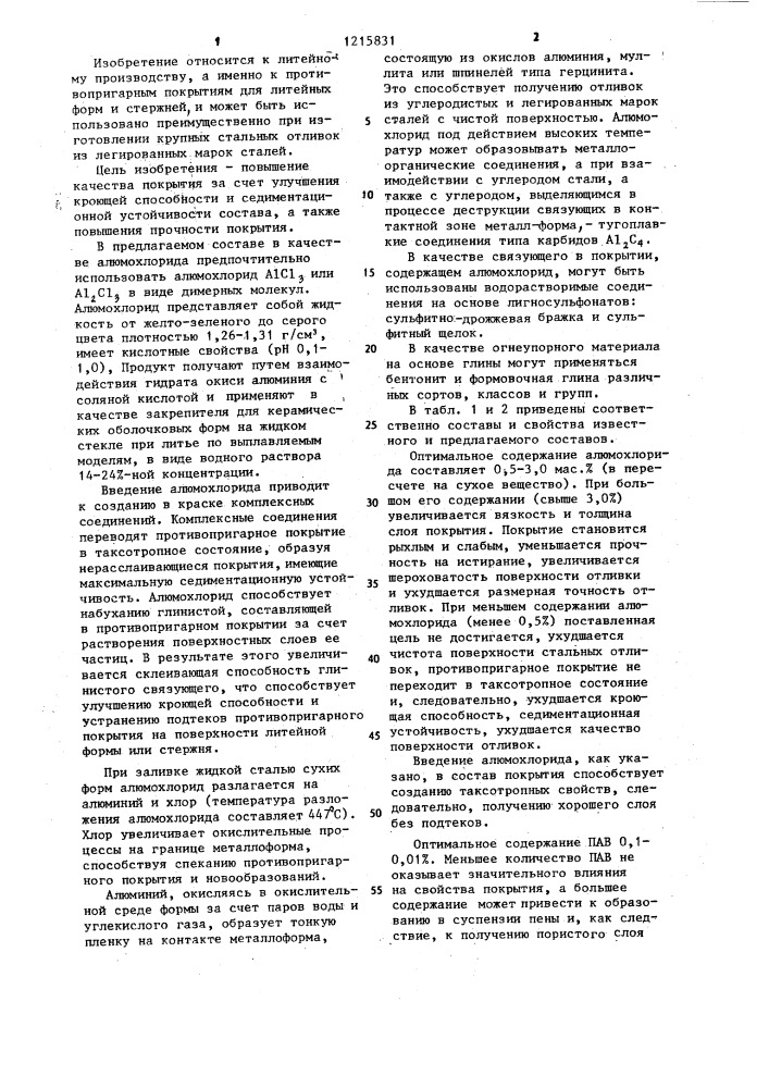 Состав для получения противопригарного покрытия на литейных формах и стержнях (патент 1215831)