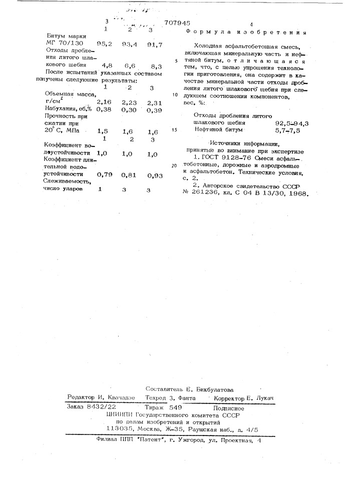 Холодная асфальтобетонная смесь (патент 707945)