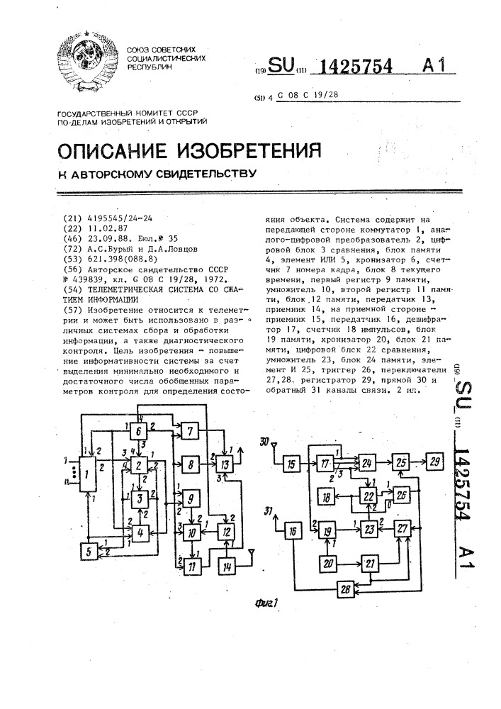 Телеметрическая система со сжатием информации (патент 1425754)