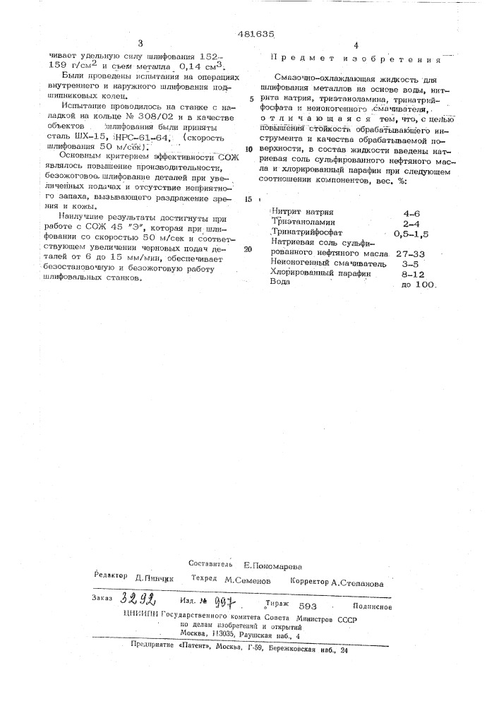 Смазочно-охлаждающая жидкость для шлифования металлов (патент 481635)