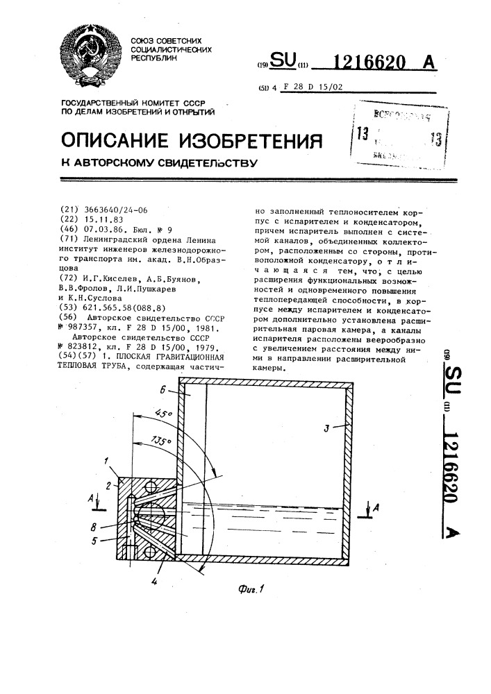 Плоская гравитационная тепловая труба (патент 1216620)