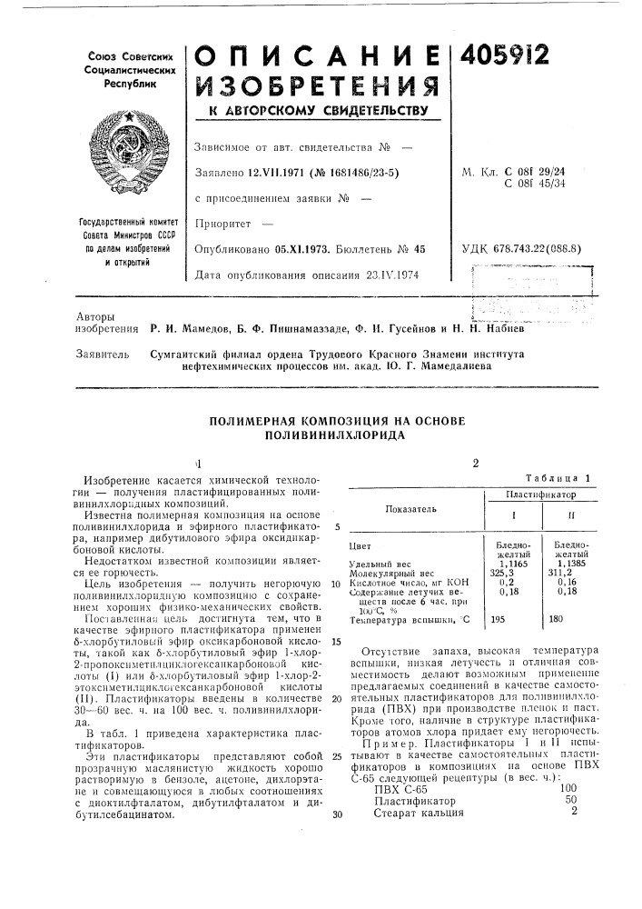 Полимерная композиция на основе поливинилхлорида (патент 405912)