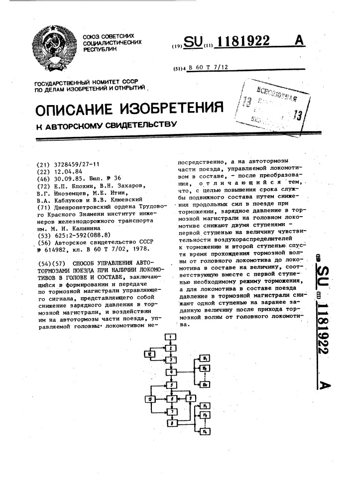 Способ управления автотормозами поезда при наличии локомотивов в голове и составе (патент 1181922)