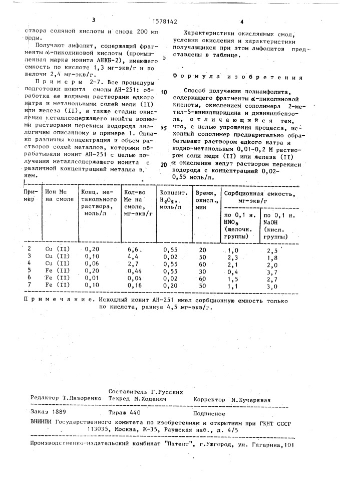 Способ получения полиамфолита, содержащего фрагменты @ - пиколиновой кислоты (патент 1578142)