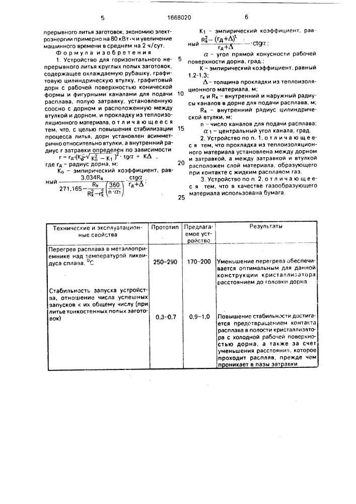 Устройство для горизонтального непрерывного литья круглых полых заготовок (патент 1668020)