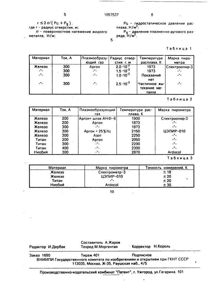 Способ измерения температуры расплава при его нагреве в тигле плазменно-дуговым разрядом сверху (патент 1657537)