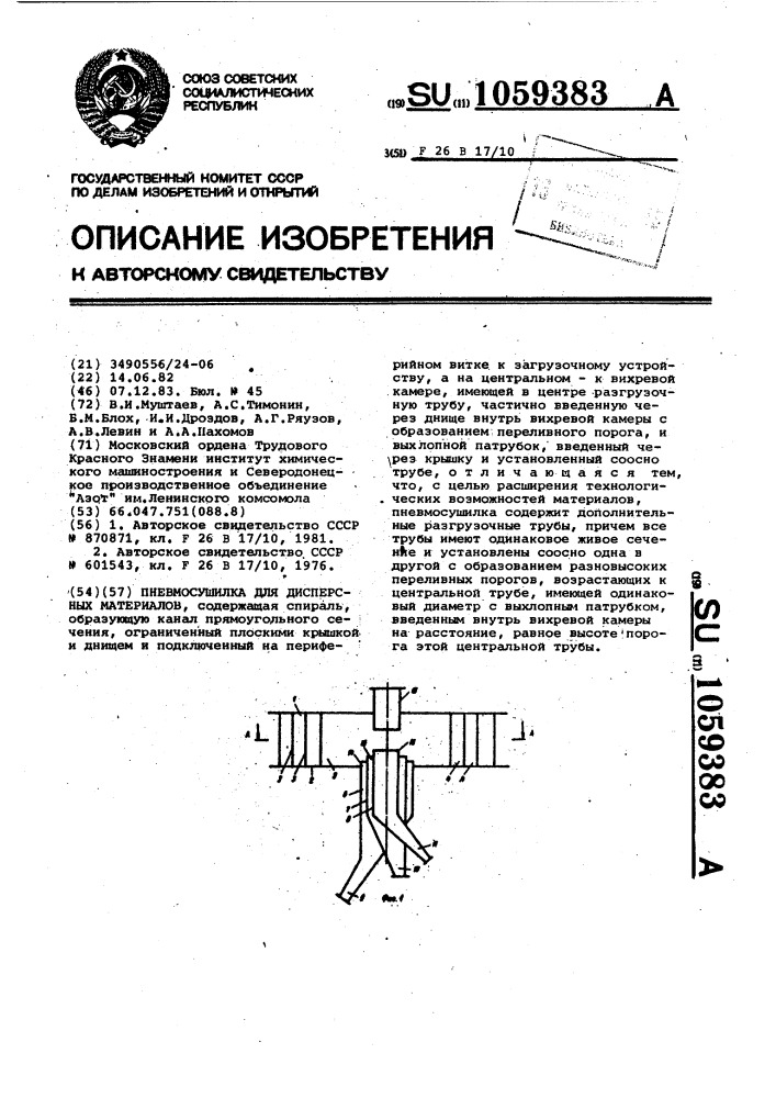 Пневмосушилка для дисперсных материалов (патент 1059383)