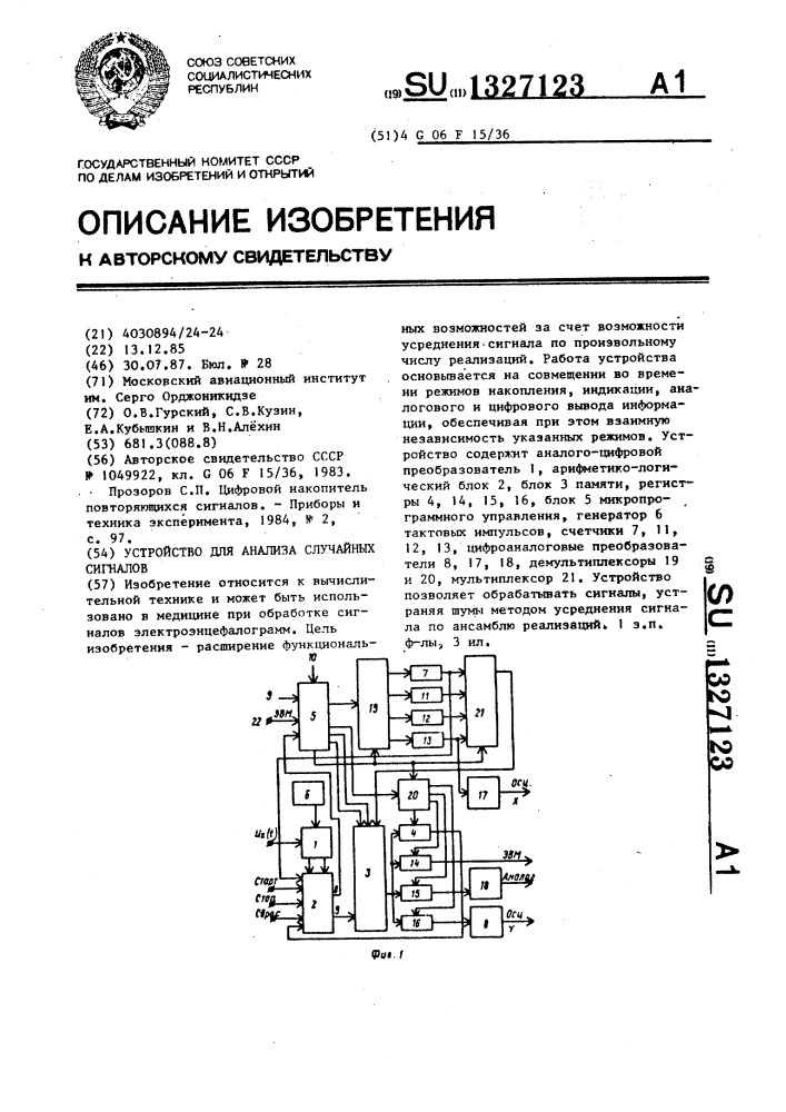 Устройство для анализа случайных сигналов (патент 1327123)
