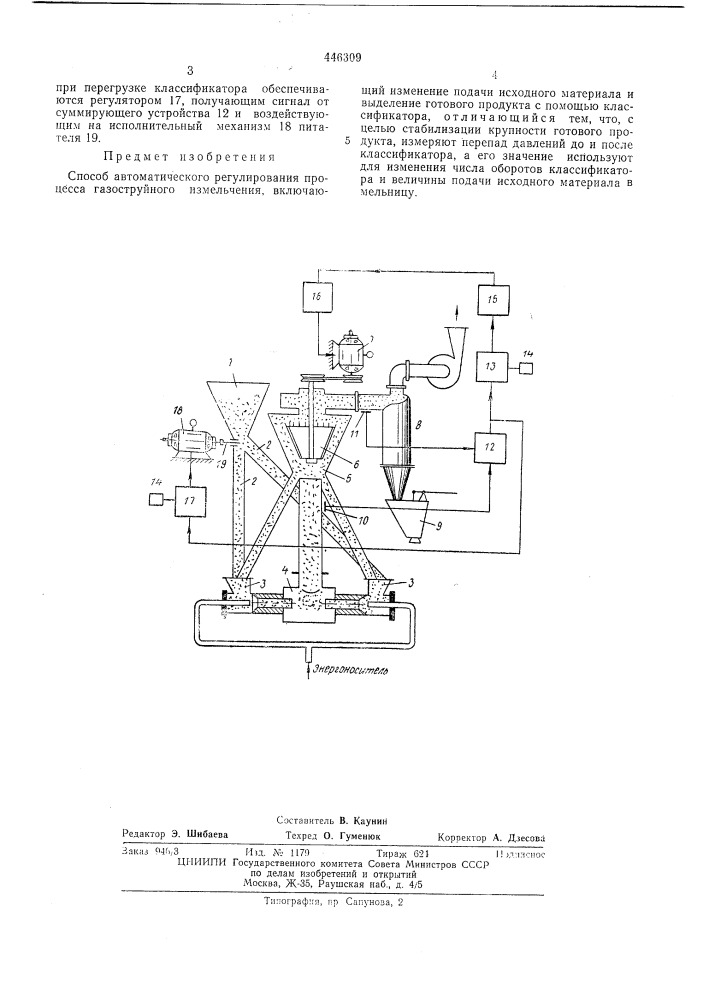 Способ автоматического регулирования процесса газоструйного измельчения (патент 446309)