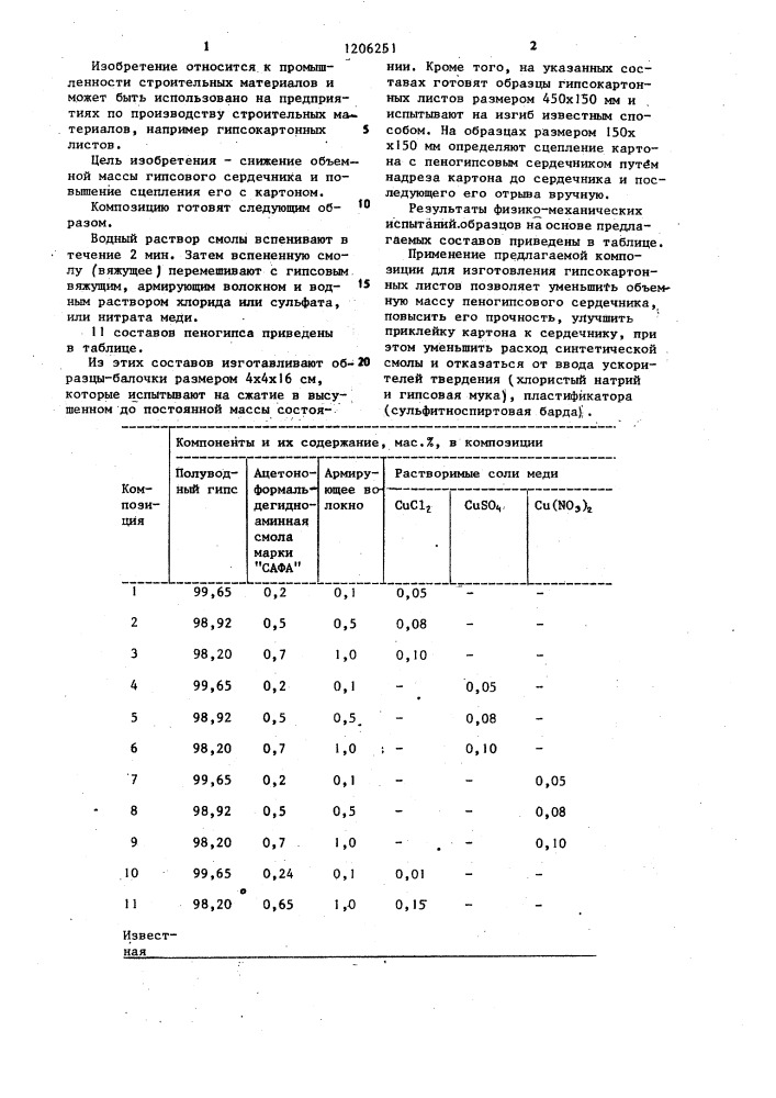 Композиция для изготовления гипсокартонных листов (патент 1206251)