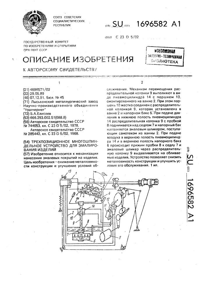 Трехпозицонное многошпиндельное устройство для эмалирования изделий (патент 1696582)
