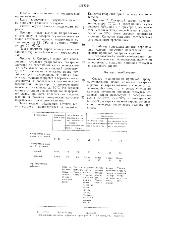 Способ глазирования пряников (патент 1318214)