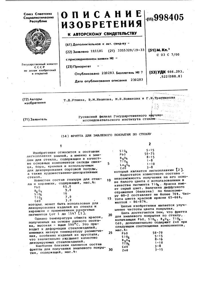 Фритта для эмалевого покрытия по стеклу (патент 998405)