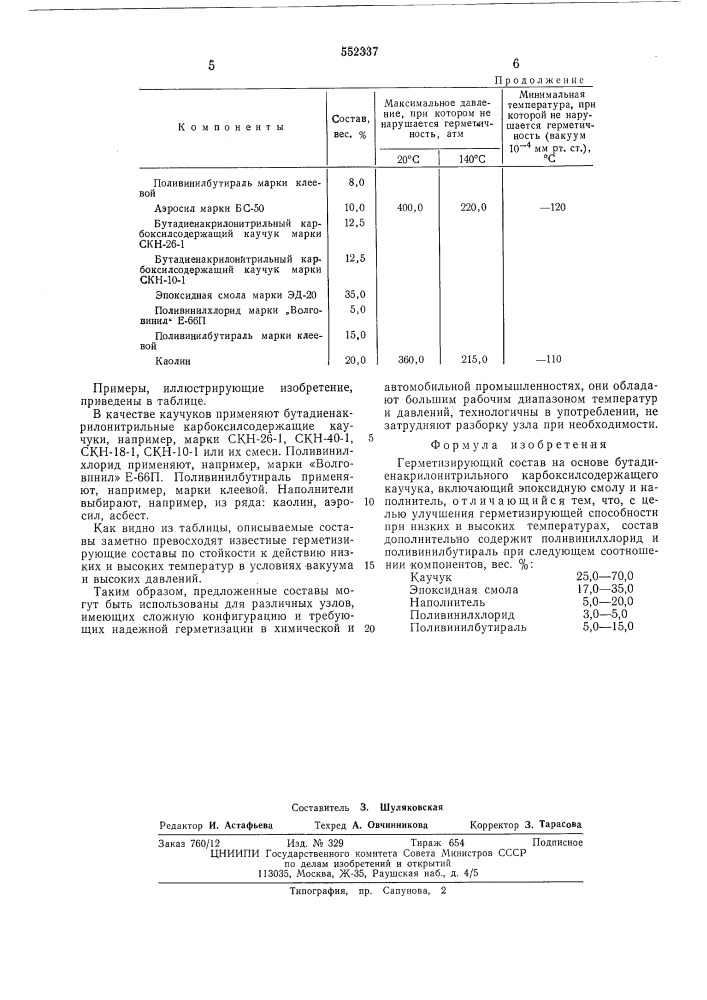 Герметизирующий состав на основе бутадиеннакрилонитрильного карбоксилсодержащего каучука (патент 552337)