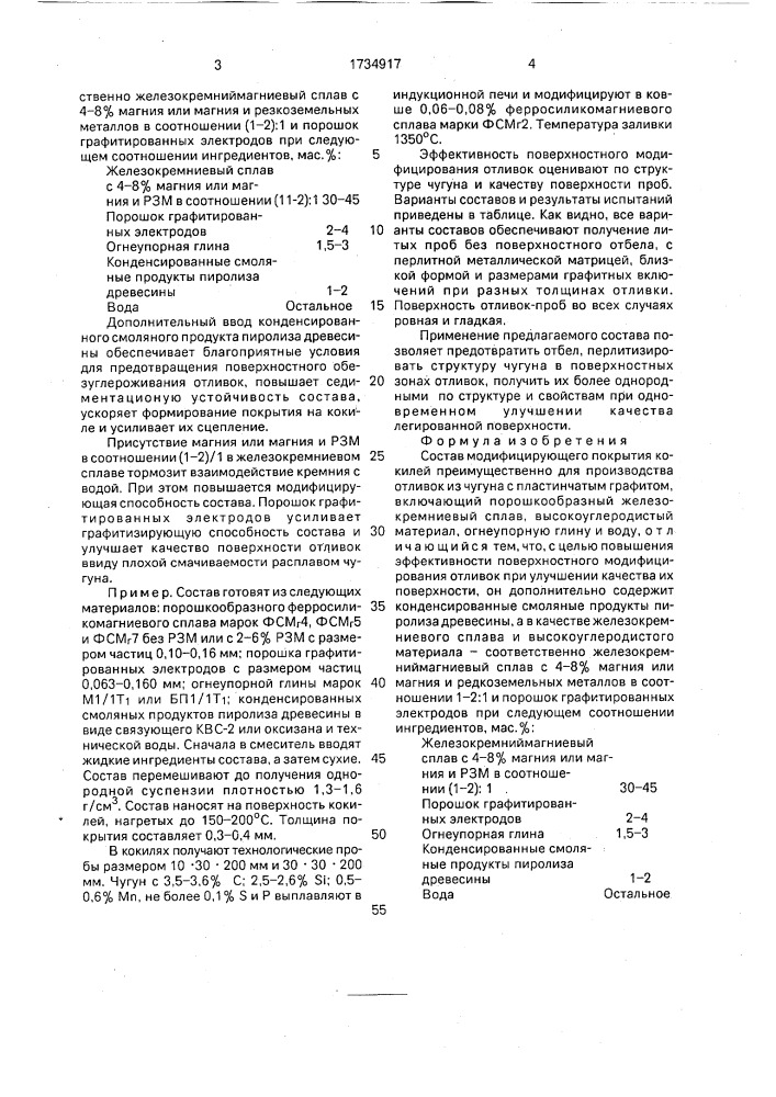 Состав модифицирующего покрытия кокилей (патент 1734917)