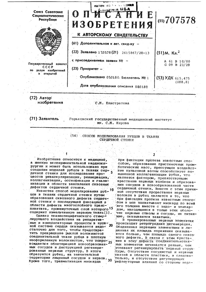 Способ моделирования рубцов в тканях сердечной стенки (патент 707578)