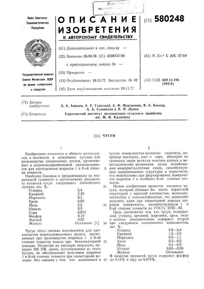 Чугун (патент 580248)