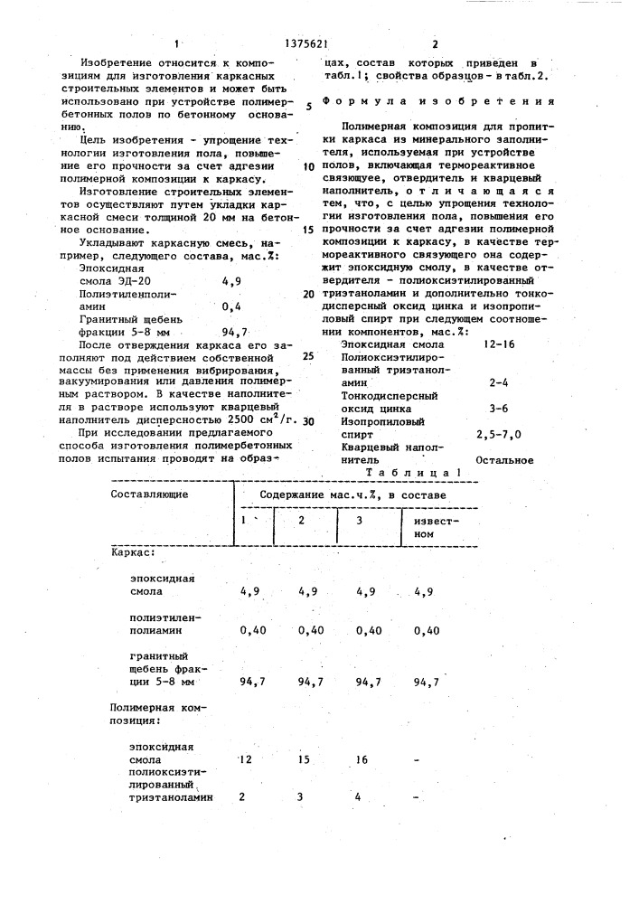Полимерная композиция для пропитки каркаса из минерального заполнителя (патент 1375621)