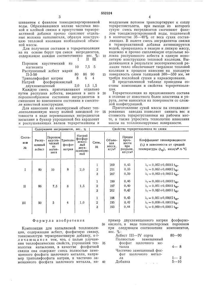 Композиция для напыляемой теплоизоляции (патент 552324)