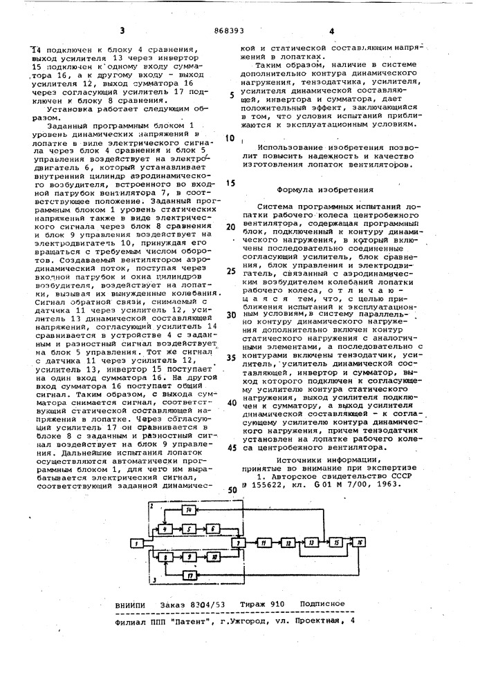 Система программных испытаний лопатки рабочего колеса центробежного вентилятора (патент 868393)