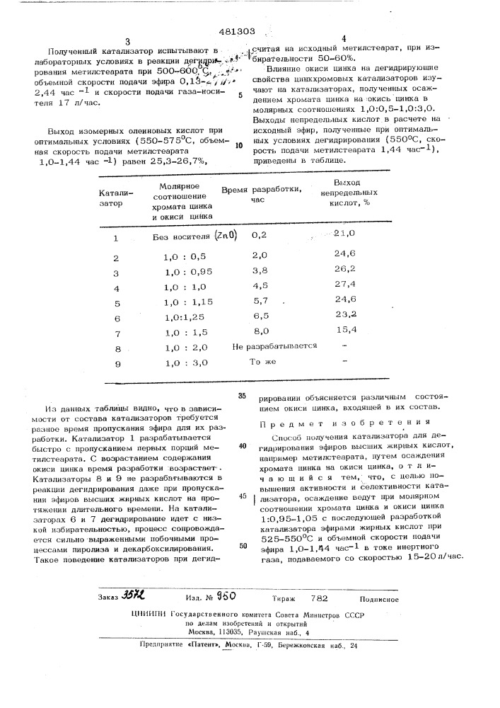Способ получения катализатора для дегидрования эфиров высших жирных кислот (патент 481303)