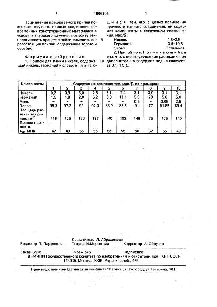 Припой для пайки никеля (патент 1606295)