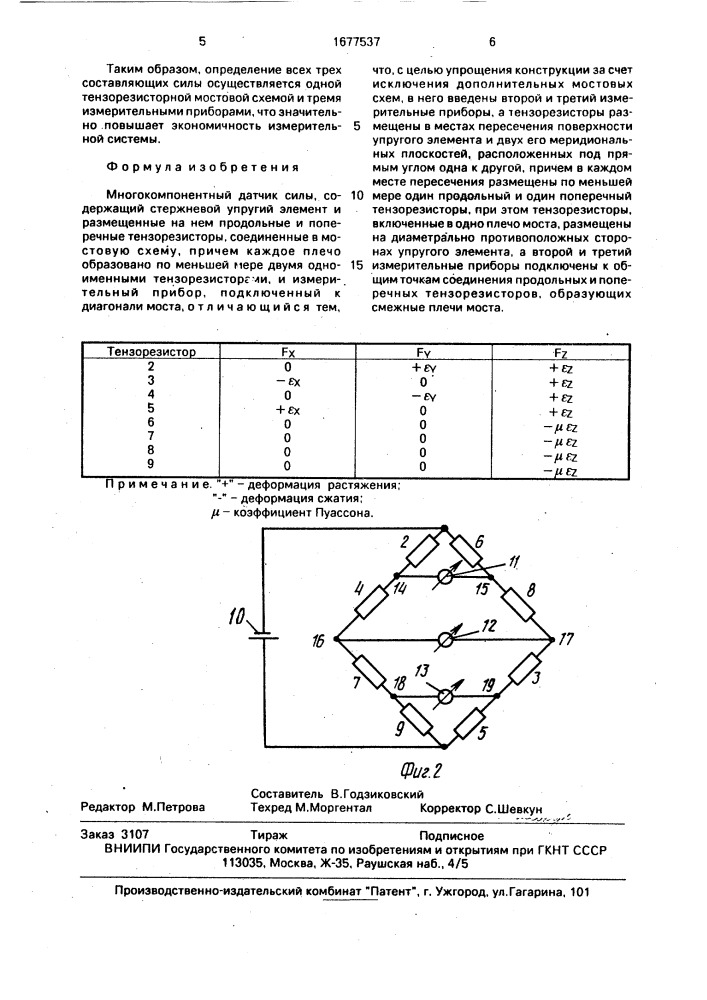 Многокомпонентный датчик силы (патент 1677537)