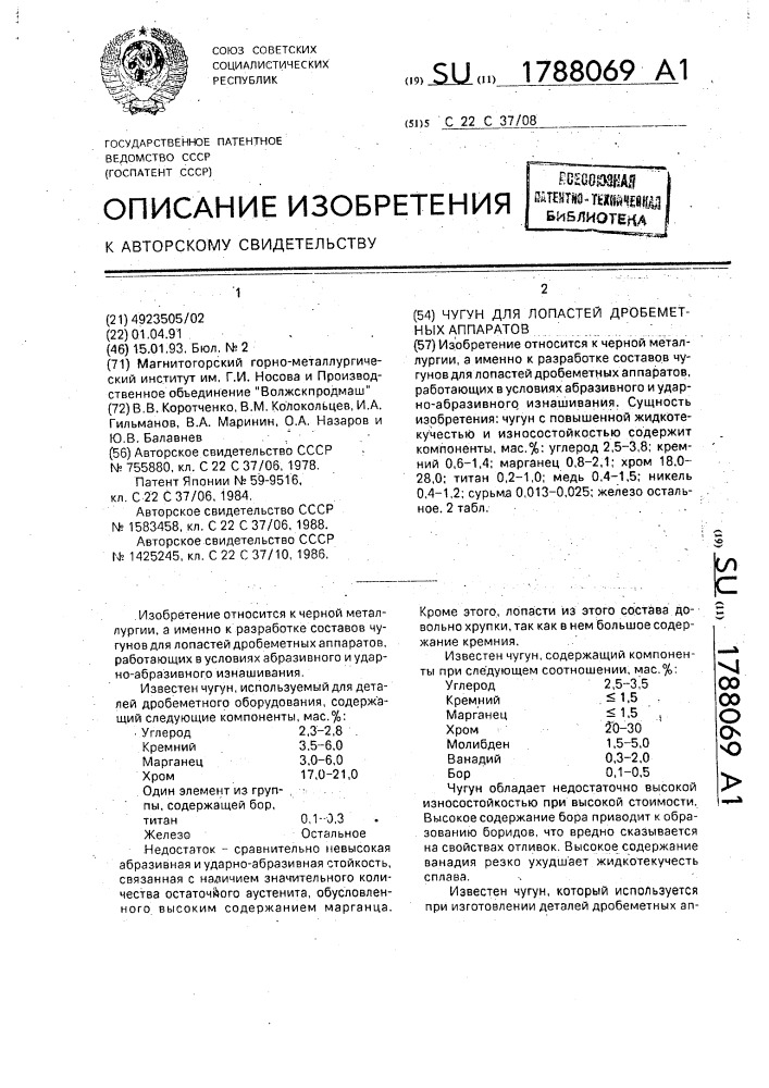 Чугун для лопастей дробеметных аппаратов (патент 1788069)