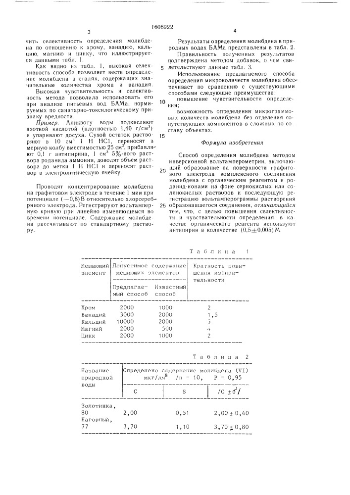 Способ определения молибдена методом инверсионной вольтамперометрии (патент 1606922)