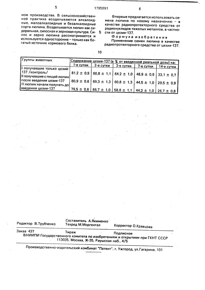 Радиопротекторное средство от цезия-137 (патент 1795891)