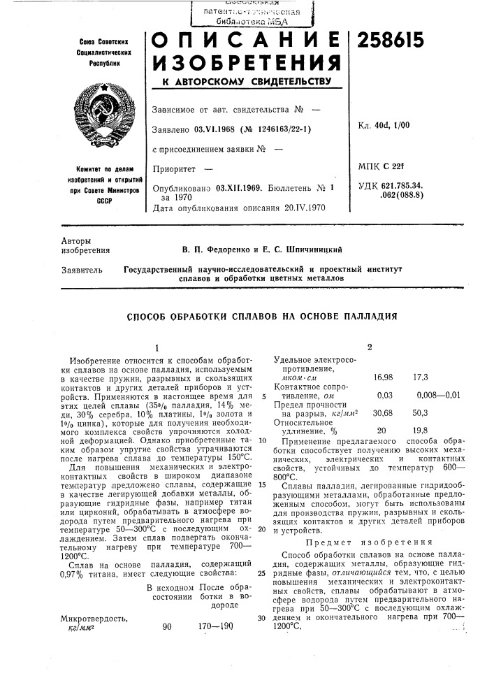 Способ обработки сплавов на основе палладия (патент 258615)