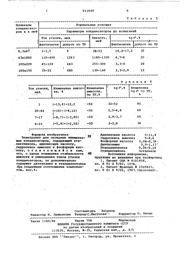 Электролит для оксидных алюминиевых конденсаторов (патент 911640)