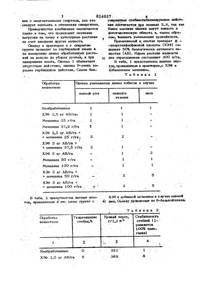 Средство для стабилизации стеблей у хлебных злаксж1изобретение относится к qjeflctsam регулирования роста растений.известно, что культурные растения, которые вследствие своих морфологических свойств имеют склонность к полеганию, в jj особенности хлебные злаки, стабилизируют посредством обработки }ь -хлорэтанфосфоновой кислотой в период вегетации у1}.применение jb -хлорэтанфосфоновой кислоты приводит не только к устранению обу-ю словленных полеганием недостатков, например затруднение машинной уборки, снн- • жение урожайности и ухудшение качества в реультате прорастания зерна,-но способствует такисе при неполегших хлебах за- 15 метному повышению урожайности. поскольку получение |ъ-хлорэтанфосфоновойкислоты связано с известными трудностями, то желательно максимальное снижение расхода (ь -хлорэтанфосфоновой кисло'ты при со- 20 хранении эффективности действия средства для стабилизации стеблей у хлебных злаков.цель изобретения - повышение эффективности средства.'25указанная цель достигается тем, что средство для стабилизации стеблей у хлебных злаков на базе f% - хлорэтанфосфоновой кислоты и воды содержит мочевину,и октандиол,^ причем соотношение компонентов составляет, вес.%:1&gt;&amp;&gt;&amp; -хлорэтанфосфоновая кислота5о, омочевинао,5-1,ооктандиол16,о-17,оводаостальноедобавление мочевины вызывает рост&lt;^ задерживающее' действие в отличие от добавления ее при растущих растениях,, когда oiia действует как удобрение и стимулирует ускорение роста растений. не было известно о характере действия в этом направлении упомянутых спиртов.обнаружено, кроме того,что комбинированное применение мочовнны и многоатомных спиртов с fb -хлорэтанфосфоновой кислотой вызывает повышение биологического эффекта по сравнению с применением только фосфоновой кислоты с мочевиной (патент 824927)