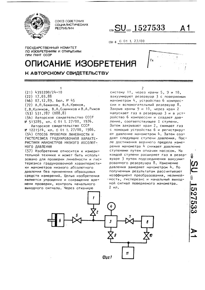 Способ проверки линейности и гистерезиса градуировочной характеристики манометров низкого абсолютного давления (патент 1527533)